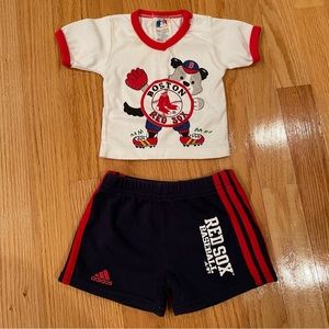 Boston Red Sox vintage dog red and white tee with Red Sox shorts. 0-3 months